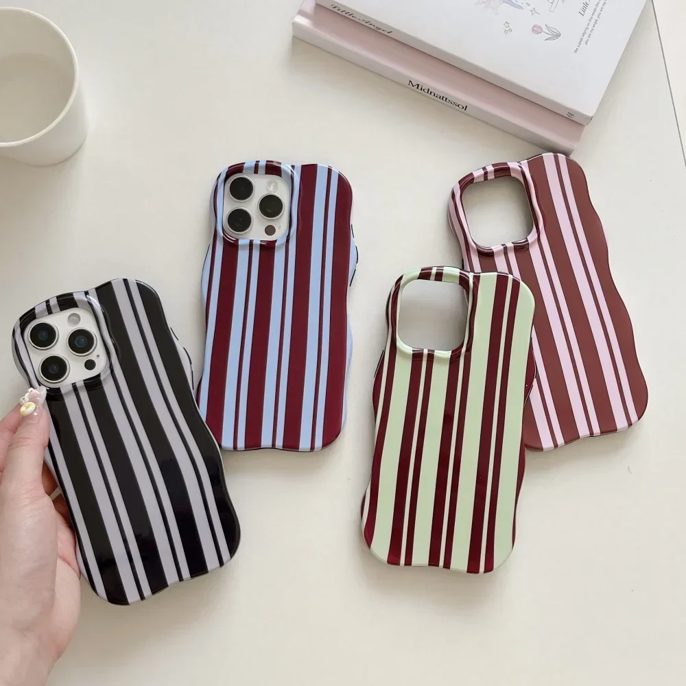 Double Color Collision Wave Stripes Phone Case for iPhone 16 15 14 13 Pro Max 16Pro Curly Border Shockproof Ultra Slim Cover 5