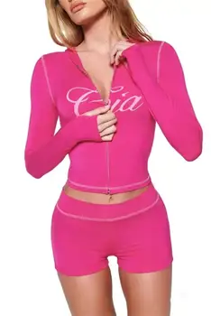 new shoulder letter printed open thread design slim fit hooded zipper short jacket shorts set 1