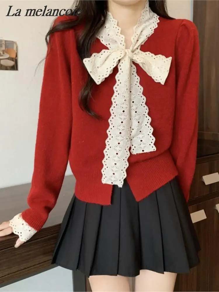 

Женский трикотажный кардиган на пуговицах, свитер с длинным рукавом и кружевным бантом, в Корейском стиле, Осень-зима 2023