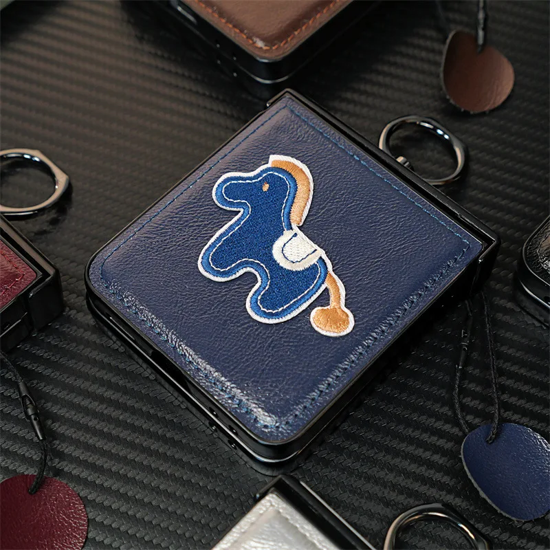 Premium PU Leather Embroidered Horse Folding Phone Case with Finger Ring Holder