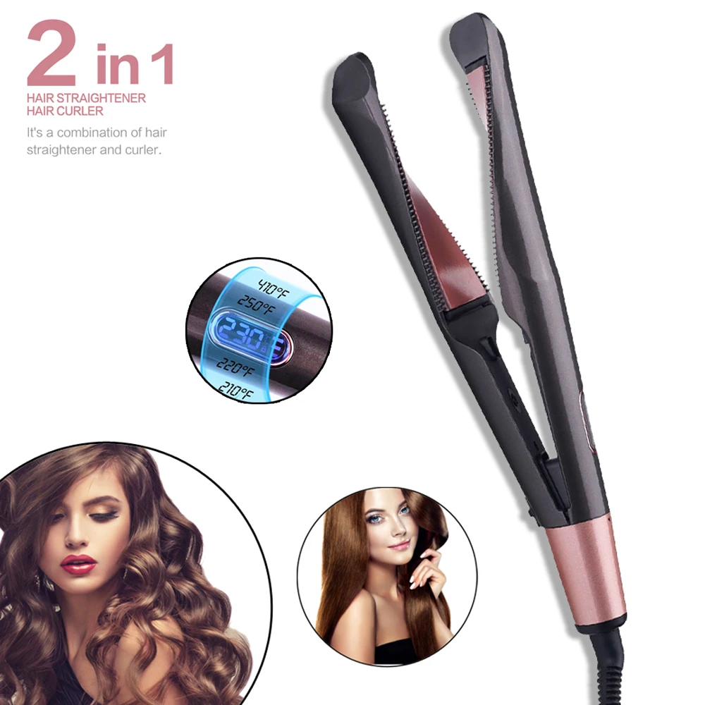 2 In 1 Hair Straightener and Curler 모든 헤어 타입의 컬링 아이언 헤어 스타일링을위한 전기석 세라믹 트위스트 플랫 아이언 AliExpress