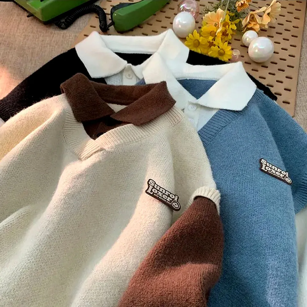 2024 Korean Style Men's Polo Shirts Knit Sweater Y2K Vintage Harajuku Women Loose Knitwear Hoodie Sweatshirts Winter Clothes Men