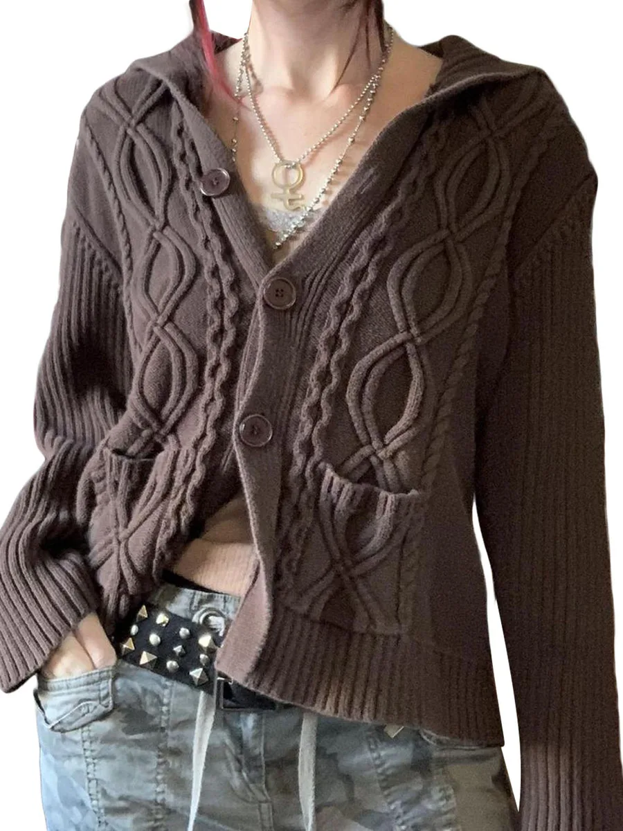 

Wilcliar Women Button Down Cardigan Sweaters Solid Long Sleeve Knit Hoodies Sweatshirts Cable Knit Lapel Jumper Tops