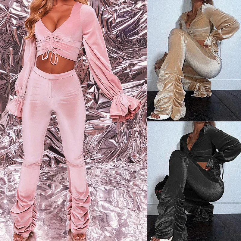 

Women's 2022 Autumn/winter Sexy Navel Long-sleeved Top Solid Color Micro-flare Pants Two-piece Set 2 Piece Sets Womens Outfits
