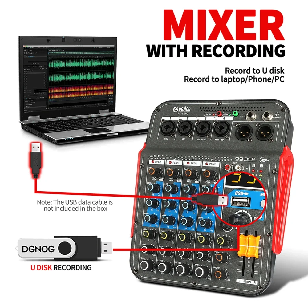RE-4 PRO 4-Channel Sound Mixer 99 DSP Effects Professional Mixing DJ Console Bluetooth USB Interface Audio Mixer Record Computer