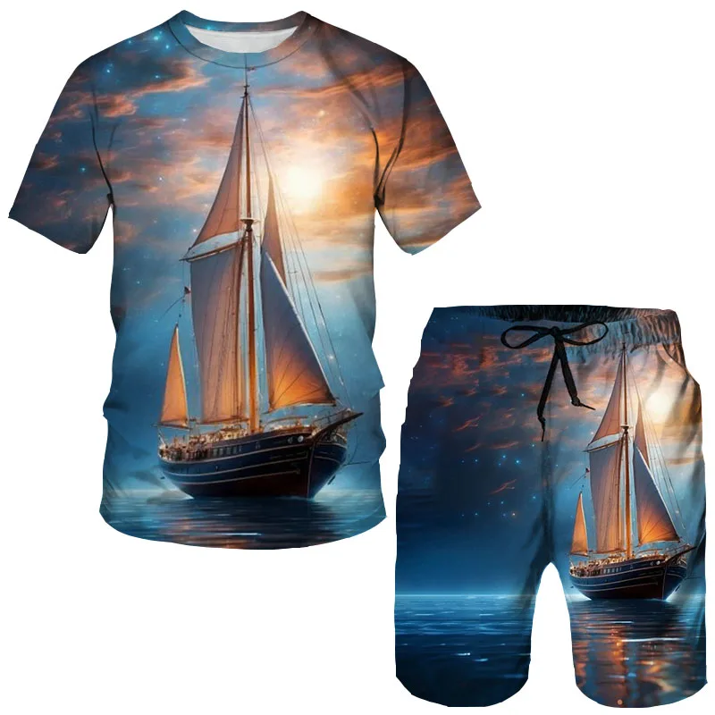 Summer Pirate ship 3D Print T-Shirts Shorts Sets Men's Tracksuits Oversized Short Sleeve T Shirt Pants Set Man Suits Clothing 5