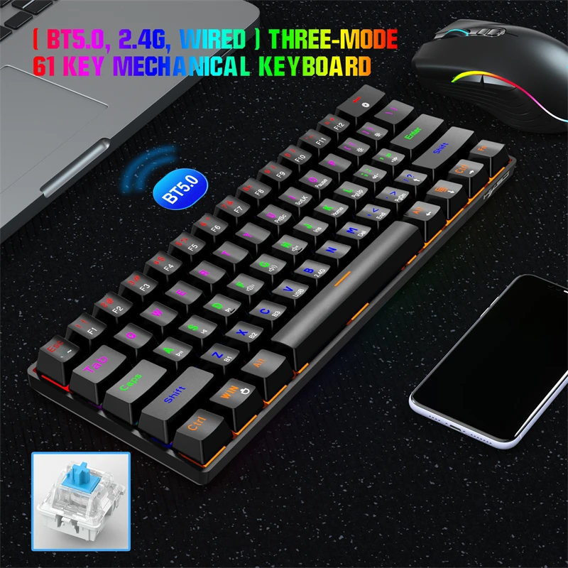 

Compact Mini RGB Mechanical Keyboard Tri-mode Wired 2.4G Wireless Bluetooth For Laptop PC 60% 61 Key Blue Axis White Black L800