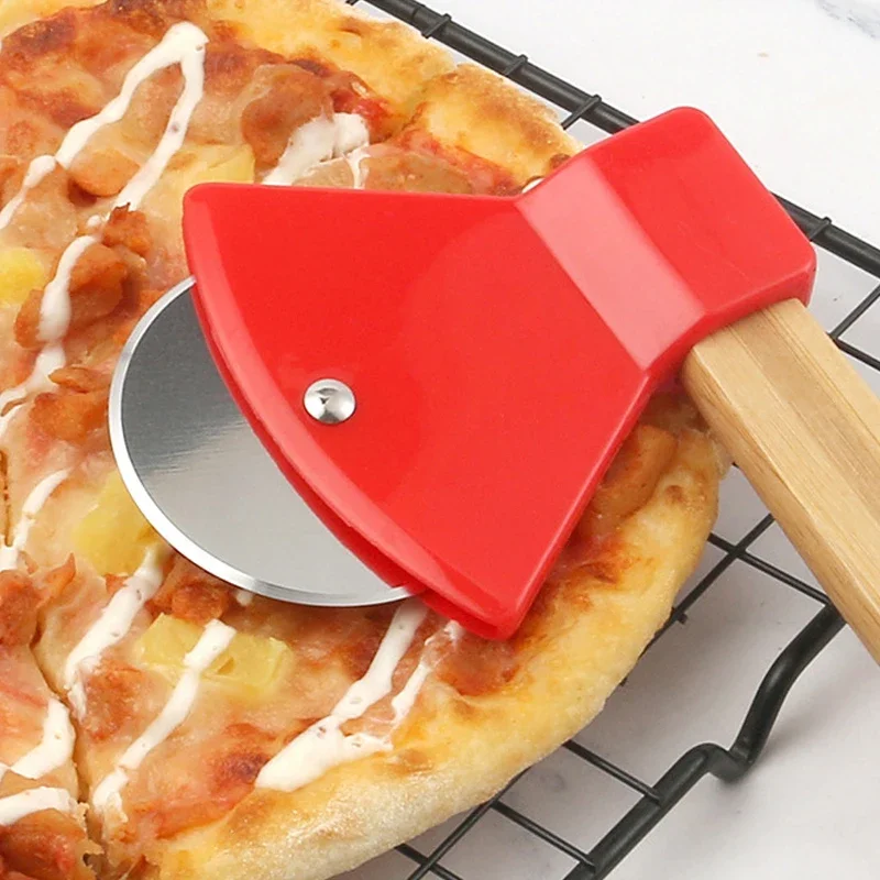 Stainless steel axe pizza cutter Wooden handle Baking tool Single wheel pie cutter 1pc pizza cutter