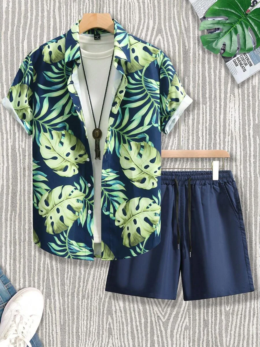 

Hawaiian Botanical Print Men Women Short Sleeve Fashion Suit Button Shirt Tops Short Sleeve Shorts