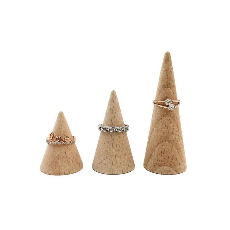 

Set of 3, Wood Ring Holders Jewellery Stand Organiser Storage Cone Ring Display Table Decor Photo Props