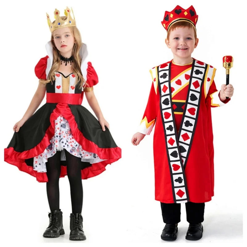 

Girls poker queen cosplay costume boys red hearts King poker clothes peach heart queen poker printed dress Purim carnival outfit