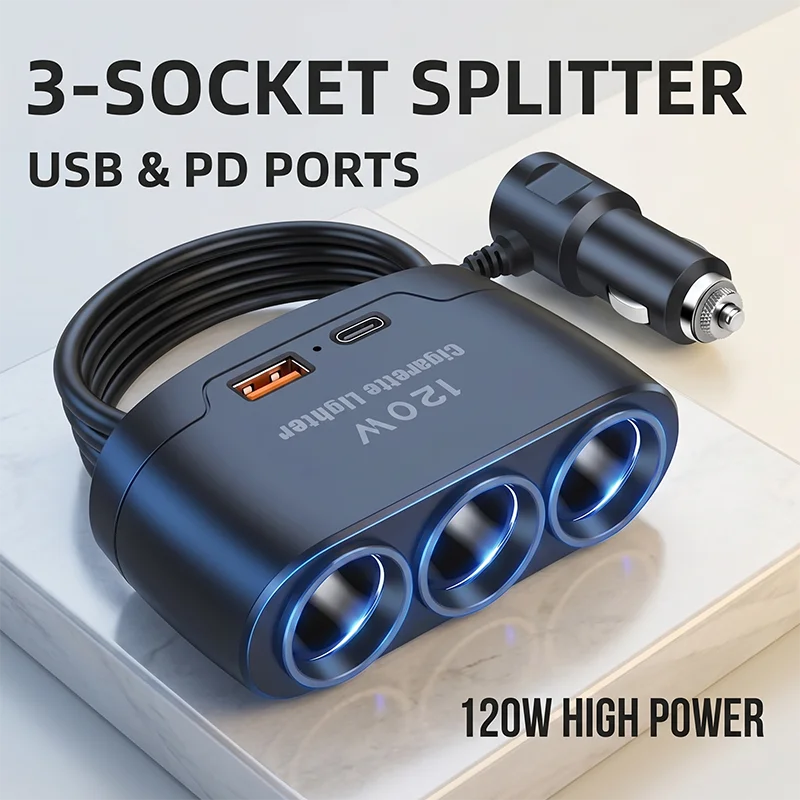 120W 차량용 시거잭 분배기 3구 전원 어댑터(USB 및 PD 포트 내장 퓨즈 ..