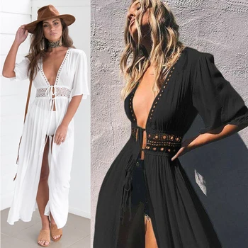 Women's Summer Dress Lady Lace Boho Beach Swimsuit Bikini Cover Up Lace-Up Long Blouse Hollow Out Sun Protection Cardigan Shawl 1
