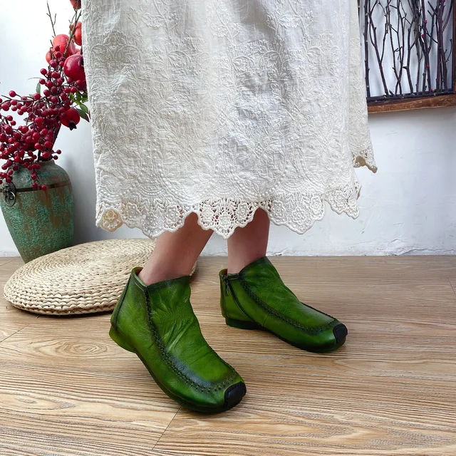 Careaymade-Real leather women boots,Doudou boots middle tube cowhide soft bottom soft surface green shoes women's single boots 2