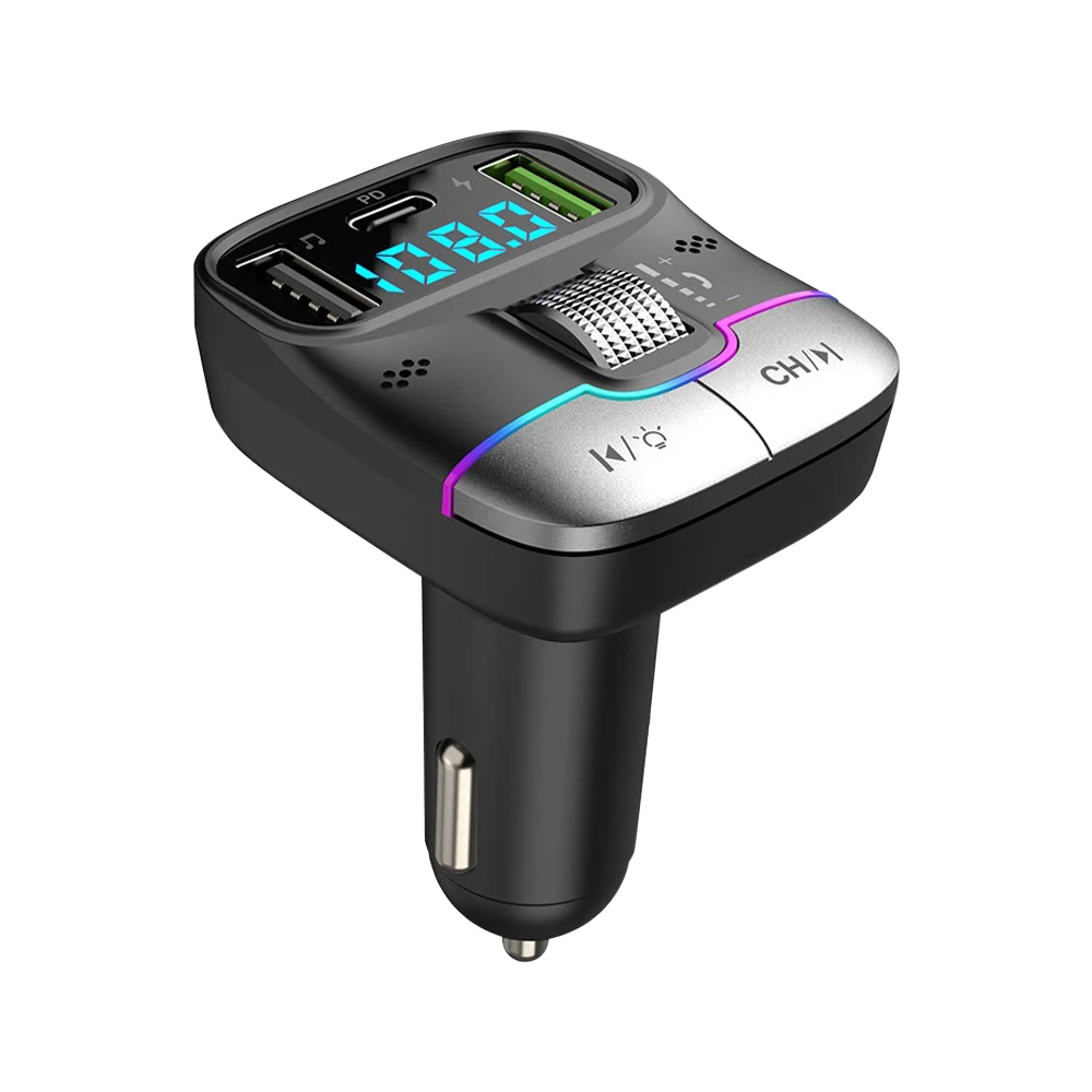 Bluetooth 5.3 Car FM Transmitter Wireless Bluetooth Car Adapter MP3 Player Handsfree Call Dual USB PD Fast Charger Roller Wheel