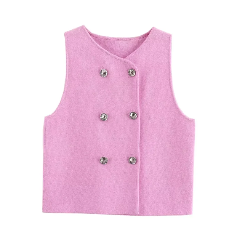 TRAF Knit Sleeveless Vest Woman Fashion Pink Knitted Cropped Vest Female 2024 Double Breasted Summer Top New In Short Coats 3