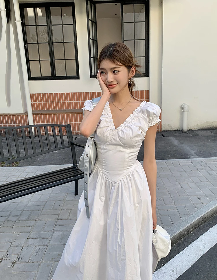 Casual Solid Midi Dresses for Women Korean Chic V-neck Backless High Waist Puff Sleeve A-line Party Dress Summer Vestidos Mujer