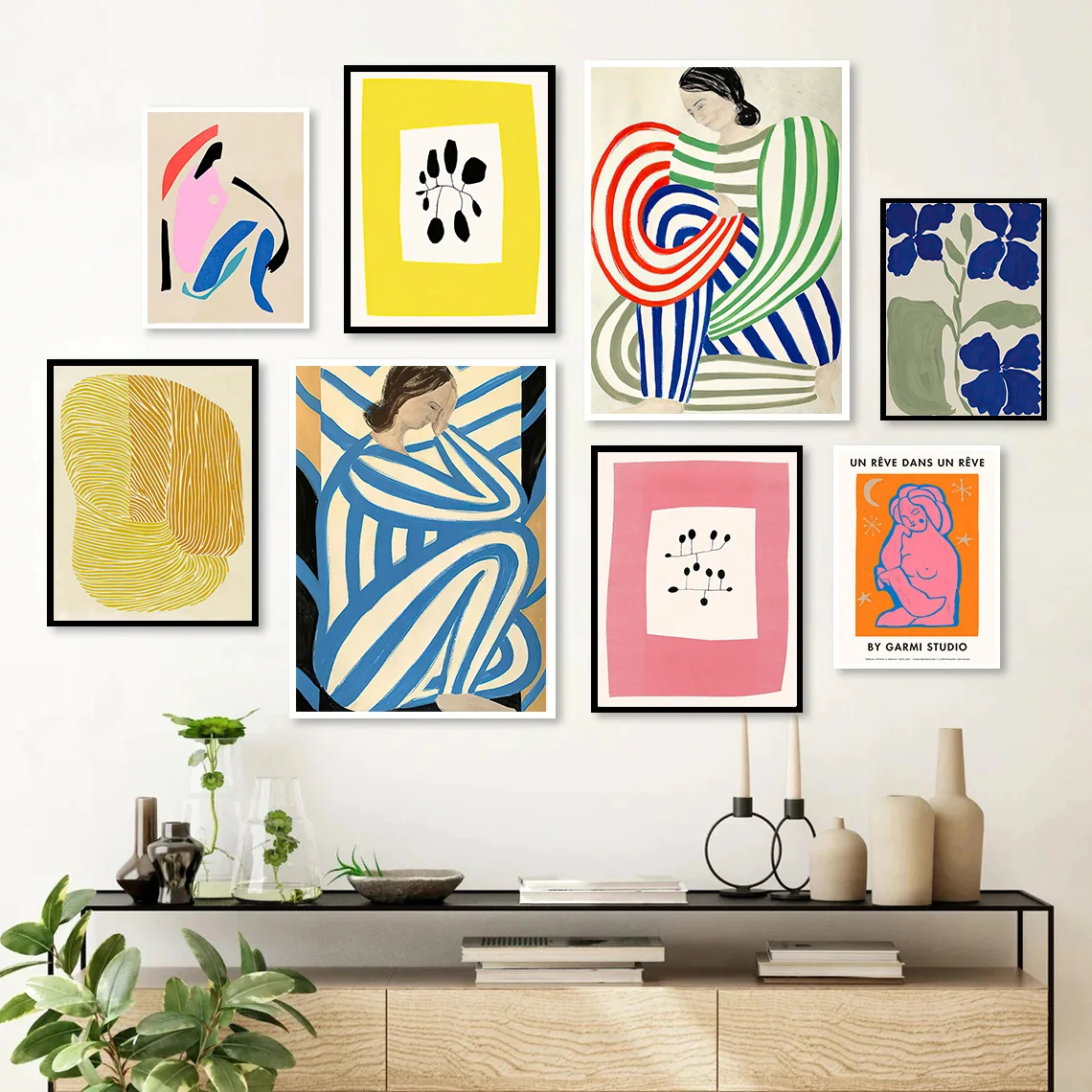 StripedGirlWomanStatueBlueFlowerModernWallArtCanvasPainting