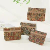 Vintage Fashion Cork Grain Printing Coin Purse Small Wallet Money Key Storage Bag Wood Casual Nostalgic Double Zipper Clutch Bag 1