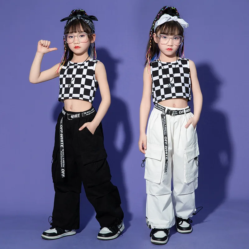 

Kid Kpop Hip Hop Clothing Checkered Tank Crop Top Black Casual Wide Flap Pockets Cargo Pants for Girl Jazz Dance Costume Clothes