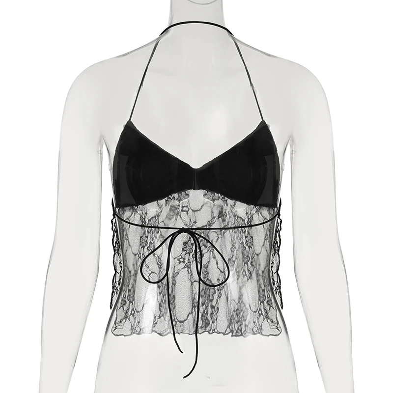 Camisola sexy con cordones y espalda descubierta para mujer, con retazos de encaje y cuello en V, top corto estilo halter Y2K, estilo urbano festivo