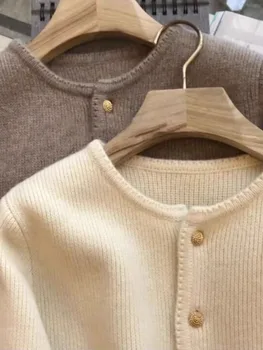 2024 Crew neck 100 pure cashmere cardigan small fragrant coat women's spring and autumn loose wool knit sweater 1