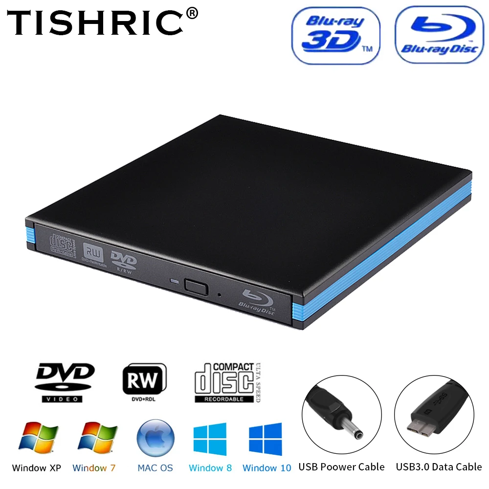 Tishric Lettore Masterizzatore Blu-Ray Usb 3.0 Cd Dvd Lettore Scrittore Unità Bluray Esterno Per Desktop Laptop Windows Macbook
