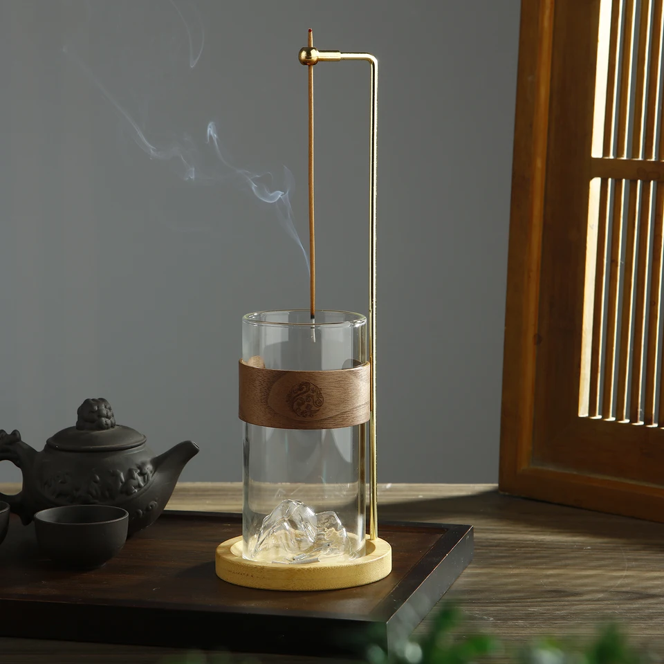 Glass Mountain Incense Holder for Sticks Incense Sticks Holder with Cord Lock Anti-Ash Flying Incense Burner with Ash Catcher