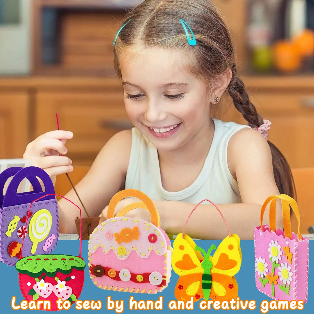 Child Puzzle Simulation Sew Set 8Pcs/set Child Puzzle Simulation Sew Set DIY Felt Bag Set Kid Education Toy Craft Safe Needle Thread Felt Bag Boy Girl Gift