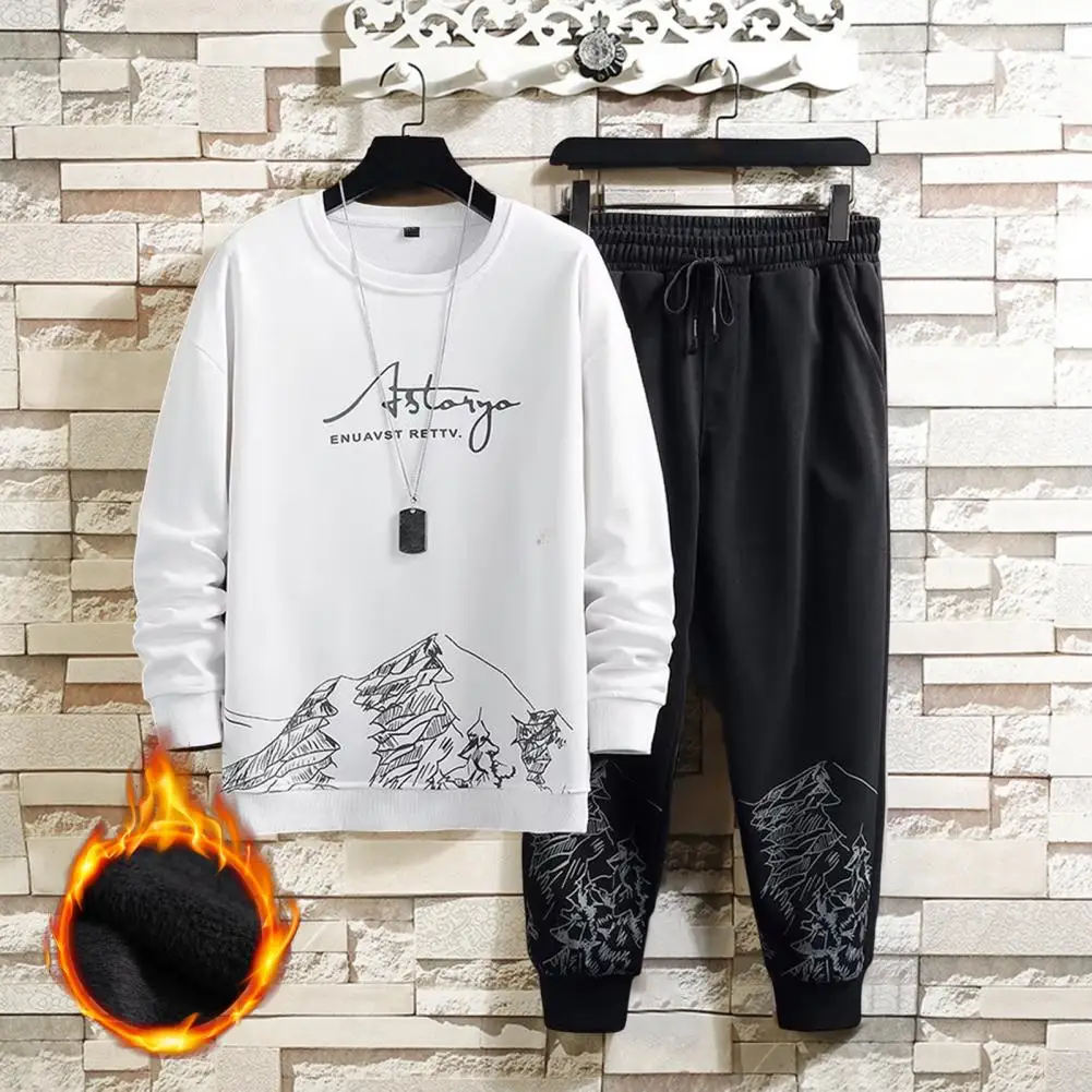 1 Set Men Tracksuit Plush Skin-touch Keep Warm Ribbed Cuff Sweatshirt Lace-up Sweatpants Men Sweatsuit Set Clothing sports suit