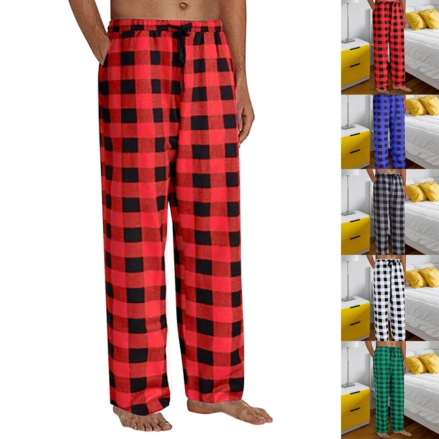 FAMILY PJs Mens Black Plaid Elastic Button Up Straight Pants Flannel Pajamas  S