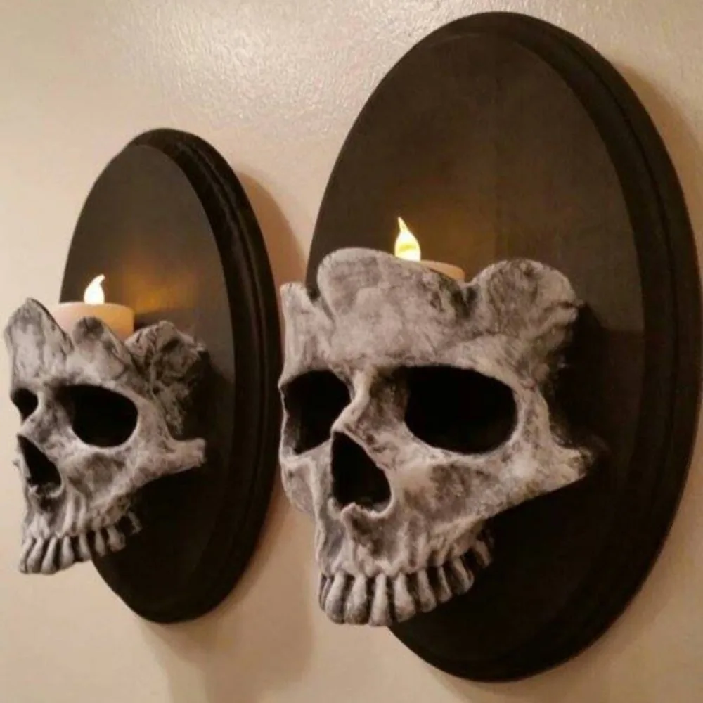 

Halloween Gothic Skull Head Candle Holder Scary Skeleton Head Wall Mounted Candle Home Bar Restaurant Decorative Candlestick