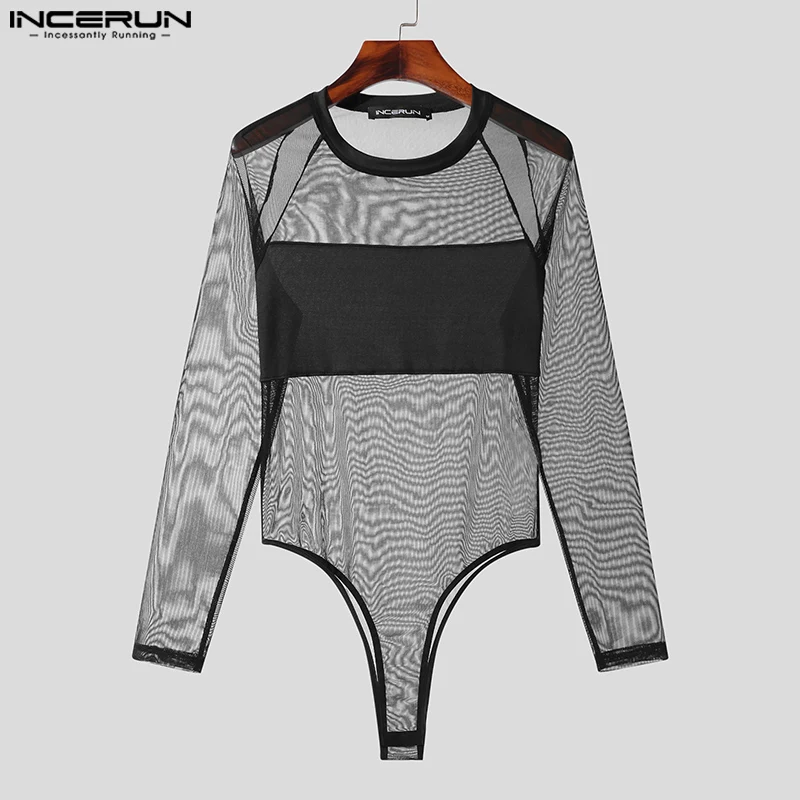 Men Bodysuits Men Bodysuits Mesh Patchwork O-neck Long Sleeve Sexy Rompers Male T Shirts Fitness Transparent Fashion Bodysuit INCERUN