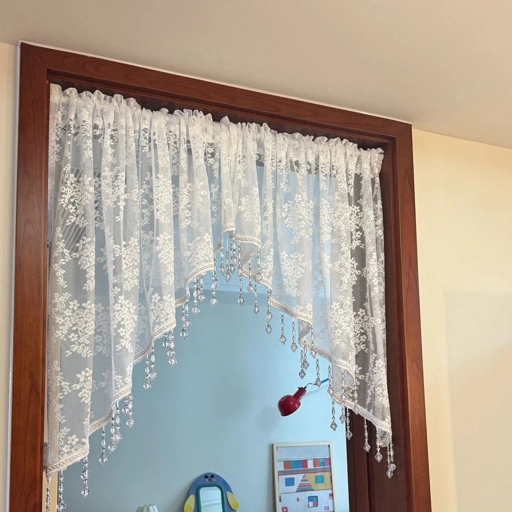 Media cortina Vintage francesa con cortinas triangulares de encaje con cuentas, cortinas para puerta de entrada de dormitorio, cortina de cocina de tul con flores