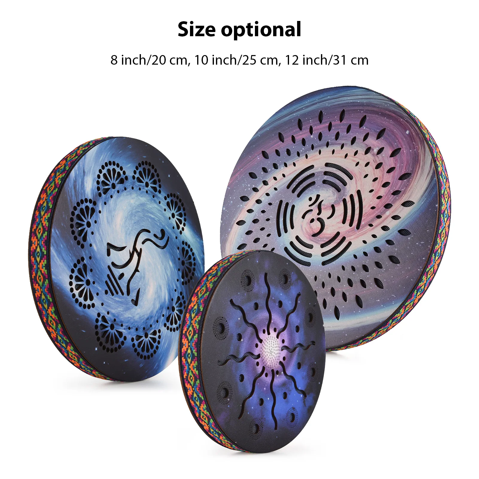 8/10/12 Inch Ocean Drum Ethnic Percussion Instrument Painted Drum Pattern Birch Portable Wooden Woven Edge for Home Party