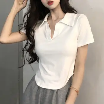 여성 브이넥 숄더 화이트 반팔 티셔츠, 니치 디자인 센스, 불규칙한 슬림핏, 슬림해 보이는 갸루 청순 섹시 상의, 여름