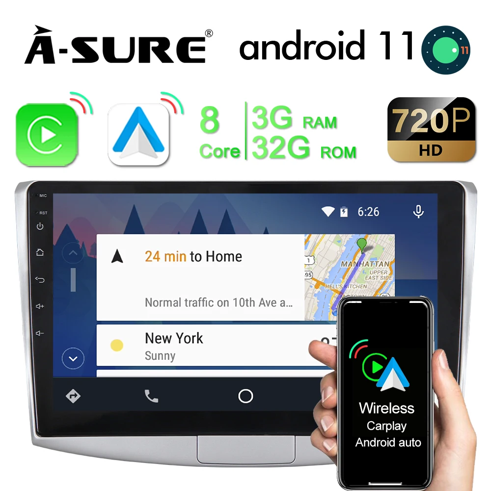 Автомобильный радиоприемник A-Sure 10 1 дюйма Android 11 беспроводной CarPlay GPS 8 ядер 3 + 32 ГБ