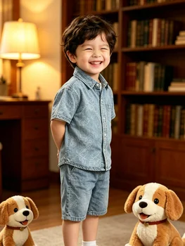 Toddler Boy Denim Co-ord Set, Floral Embossed Short Sleeve Shirt & Matching Shorts, Light Wash Summer Casual Wear For Kids 1