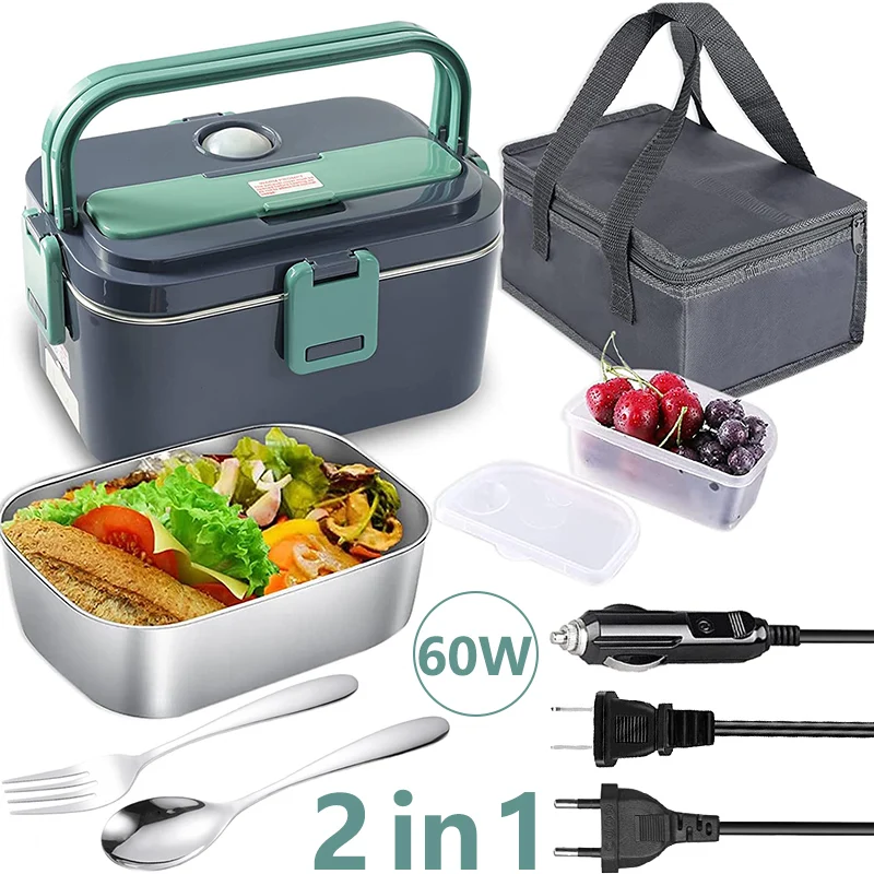 

60W Fast Heating Home Car 2 in1 Electric Lunch Box 1.8L 220V 110V 24V 12V Stainless Steel Food Warmer Heated Container Heater