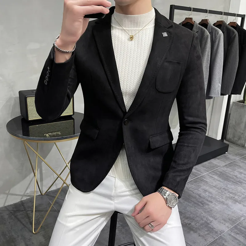 Plus Size 4XL-M Autumn Deerskin Velvet Men Suits Jackets 6 Color Business Slim Blazers Casual Wedding Tuxedo Suit Coat