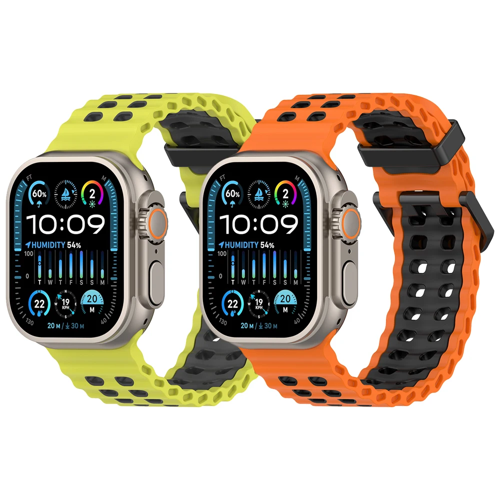 Ocean Silikon-Sportarmband für Apple Watch Ultra 2 49 mm, Serie 10, 9, 8, 7, 6, 5, 4, 3 SE 46 mm, 45 mm, 44 mm, 42 mm, zweifarbiges Armband