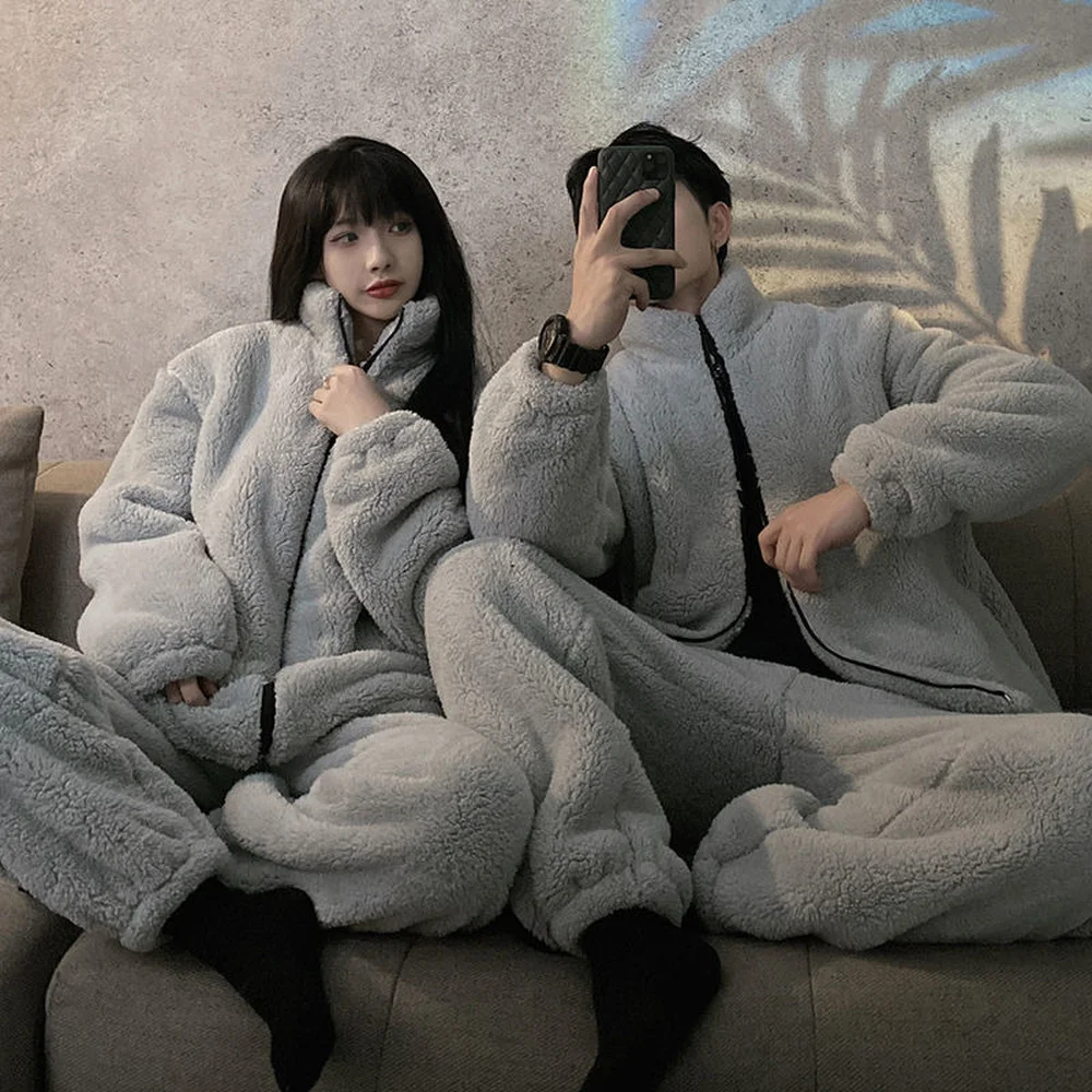 겨울 여성 코랄 플리스 홈웨어 수트 커플 긴 잠옷, 두꺼운 벨벳, 따뜻하고 부드럽고 편안한 잠옷 세트