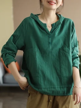 8961 Women's Hoodie T-shirts Spring Summer Fashion Solid Color Casual Pullover Tees Office Ladies Cotton Linen Long Sleeve Tops 1