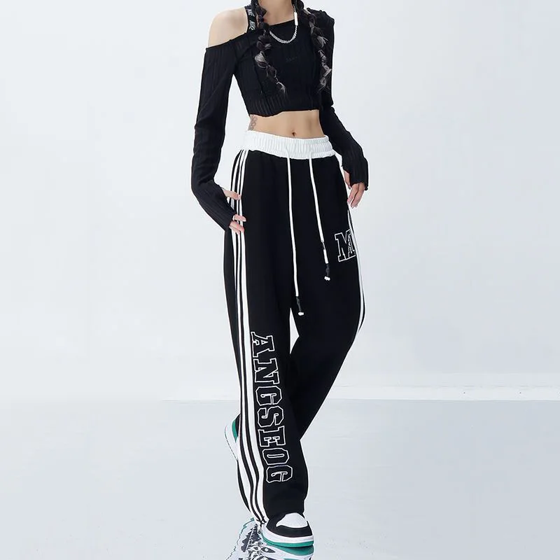 Harajuku Hip Hop Women Striped Jogging Sweatpants Oversize Drawstring Elastic Waist Streetwear Vintage Baggy New Sports Trousers