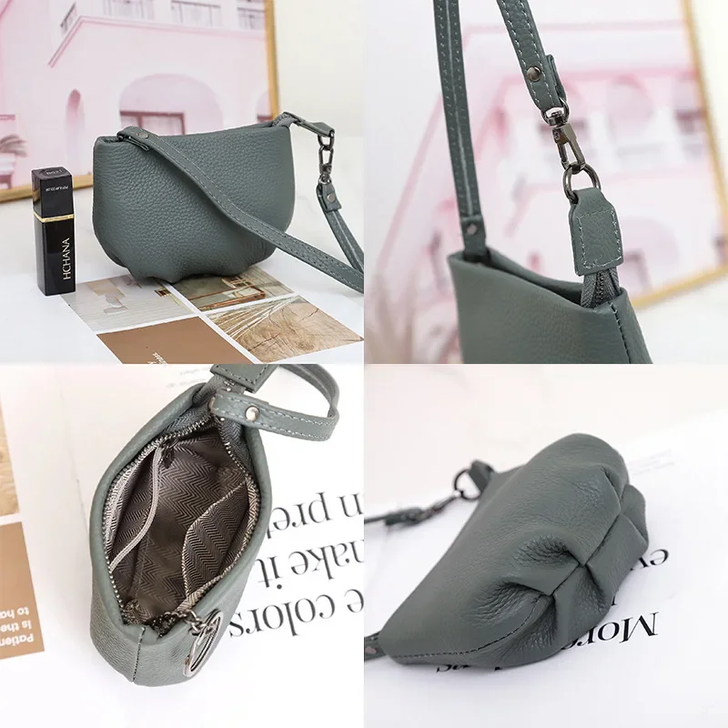 New Women's Genuine Leather Small Coin Purse Change Zipper Wallet Mini Handbag with Wrist Strap Lipstick Cosmetics Organizer Bag