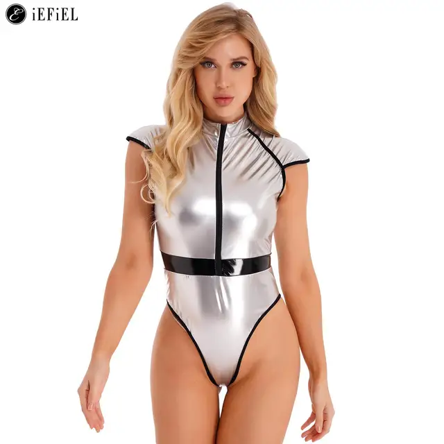Uniforme de piloto espacial para mujer, mono con cremallera frontal, manga de casquillo plateada, Sexy, disfraz de astronauta para fiesta de Cosplay de Halloween 1