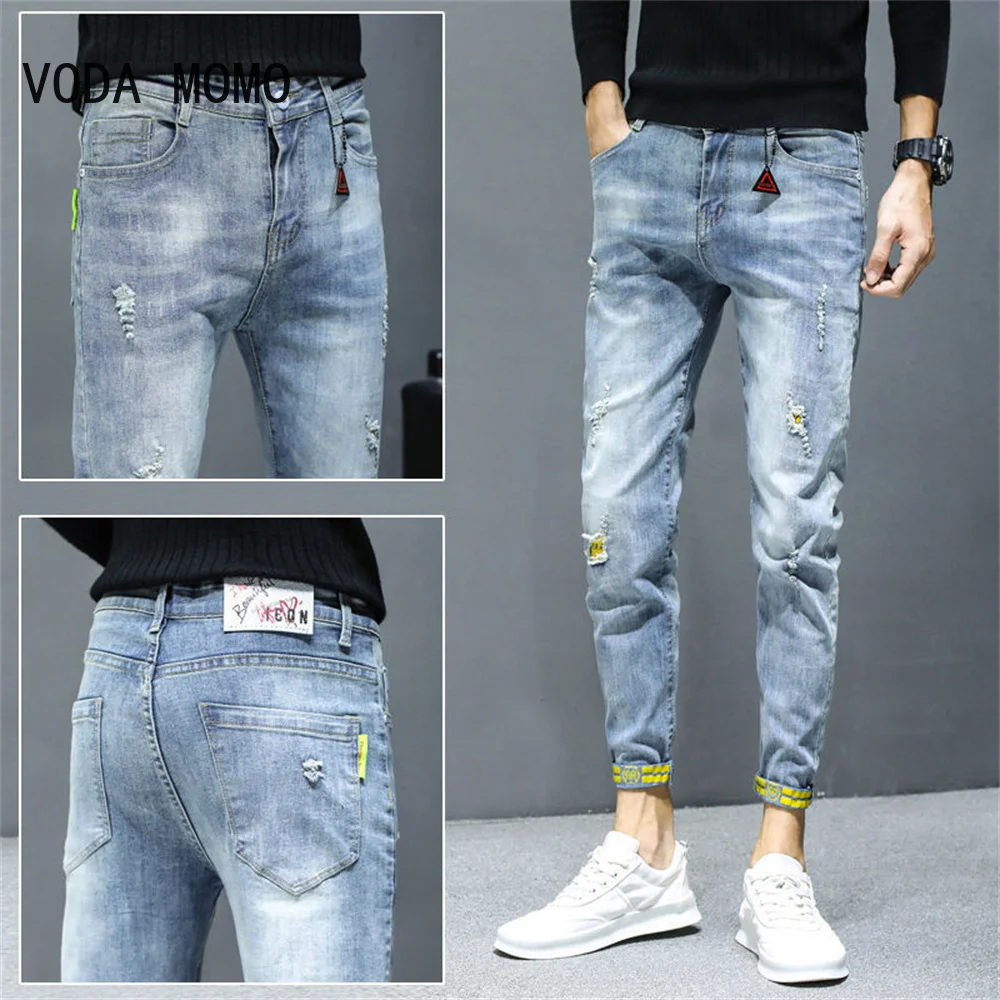 Fashion Street Style Jeans Skinny Strappati Da Uomo Vintage Wash Solid Denim Pantaloni Da Uomo Casual Slim Fit Pencil Denim Pants Vendita Calda