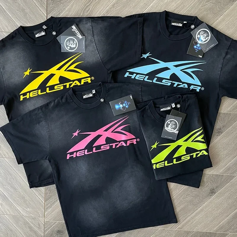 

24ss Спортивная футболка с логотипом HELLSTAR Gel для мужчин и женщин, лучшее качество 1:1, черная потертая футболка большого размера из чистого хлопка