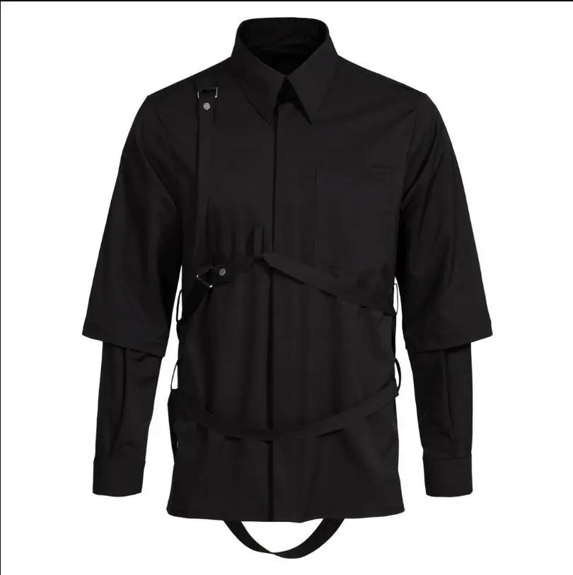 

M-5XL Fashion Black Turn-Down Collar Fake Two Men's Shirts Black Straps Runway Straps Tied Double Sleeves Singer Stage Costumes