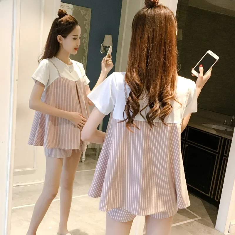임산부용 유행 루즈핏 임산부 의류 세트, 트렌디 상의, 한국 스타일, 여름 임신 복장